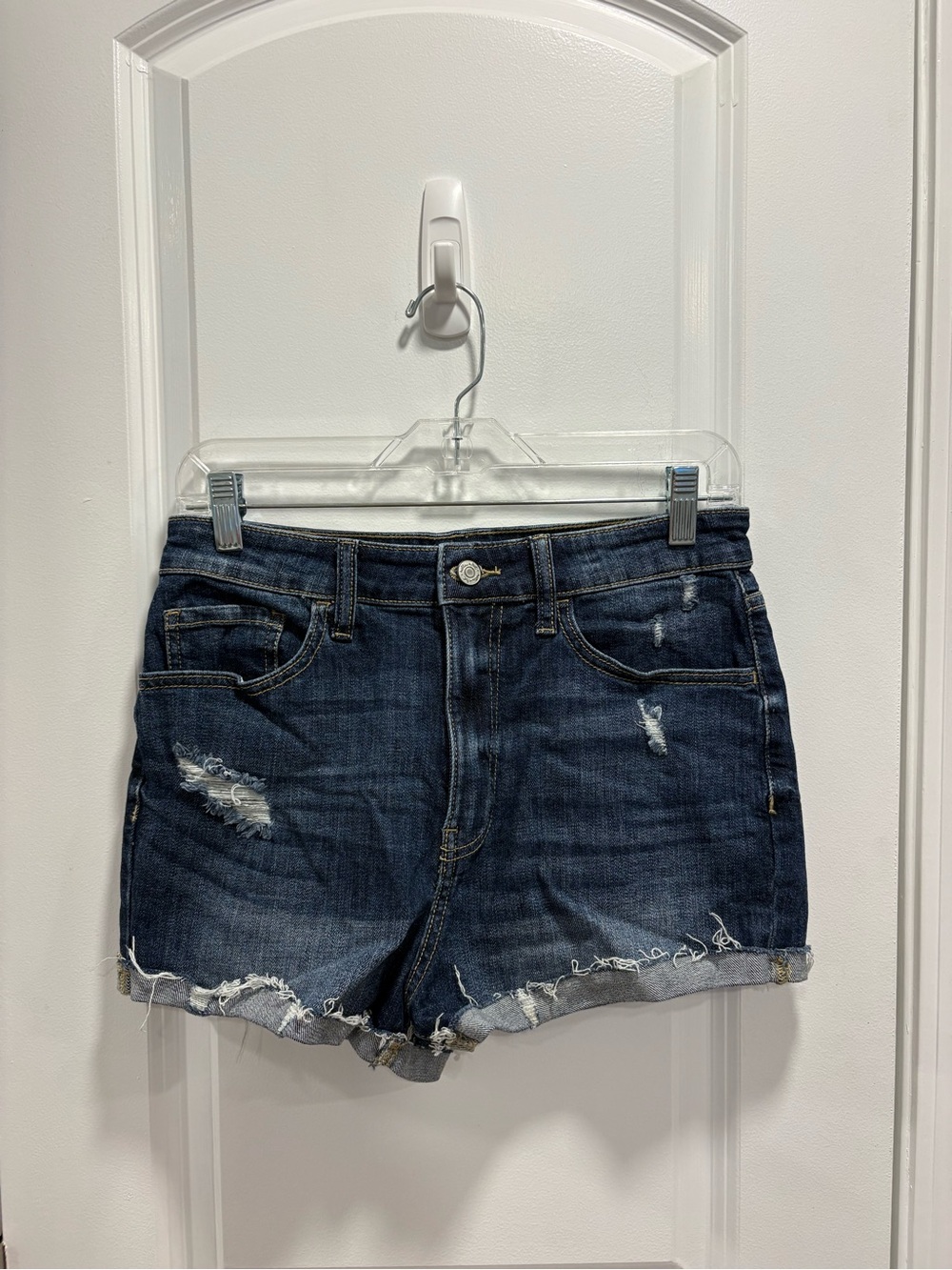 Women's Dark Blue Distressed Denim Shorts - Casual Frayed Hem